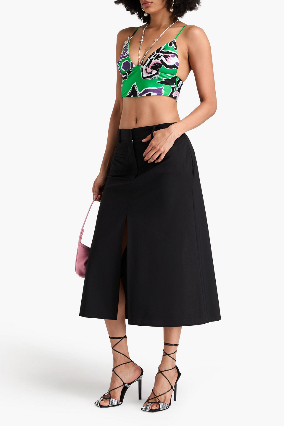 Area Crystal-embellished Printed Jersey Bustier Top In Green