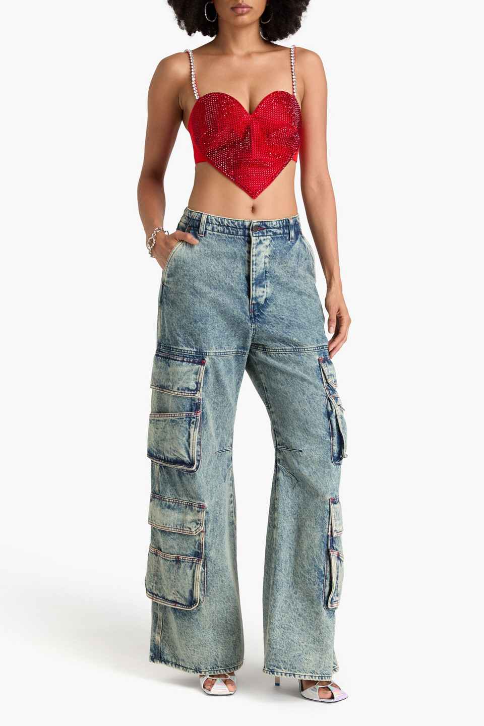 Shop Area Cropped Crystal-embellished Wool-blend Crepe Bustier Top In Red