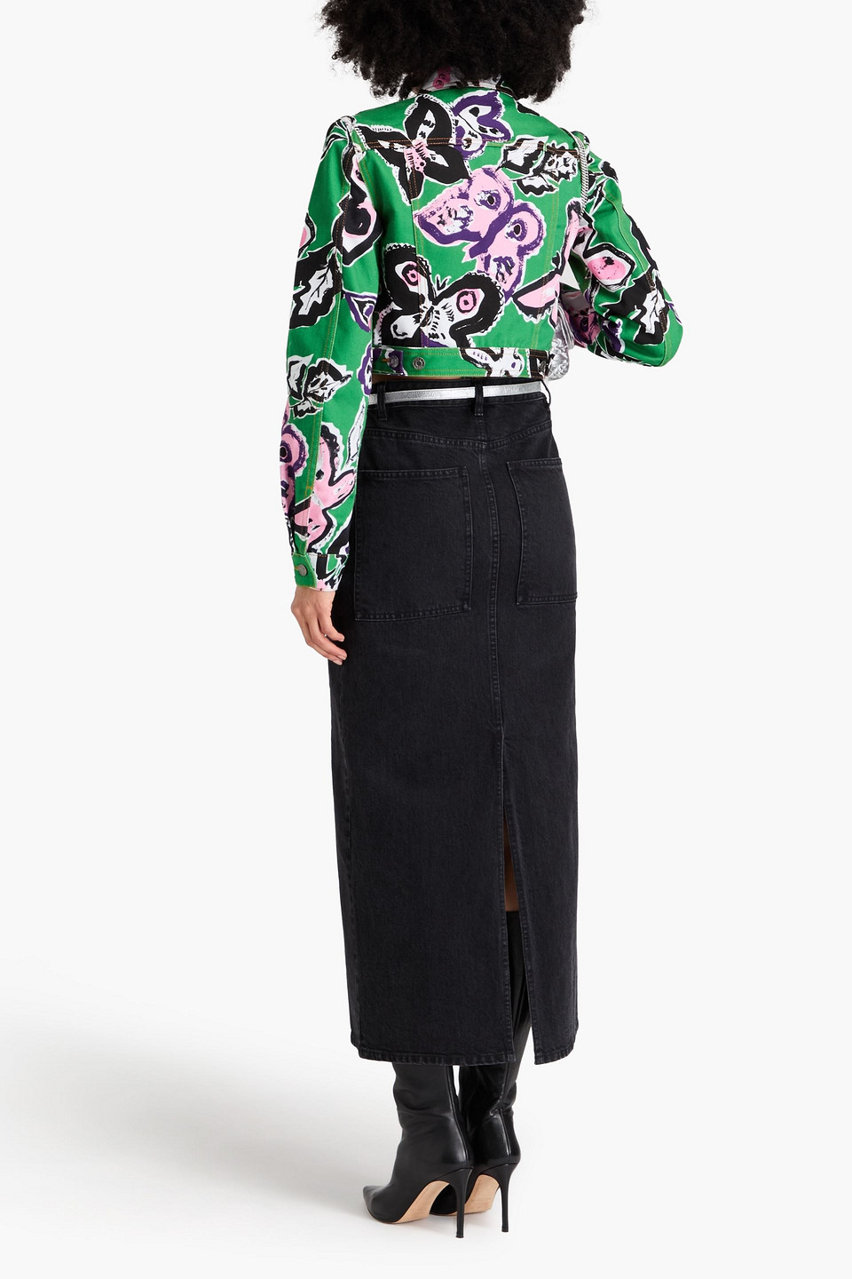 AREA CROPPED CRYSTAL-EMBELLISHED FLORAL-PRINT DENIM JACKET