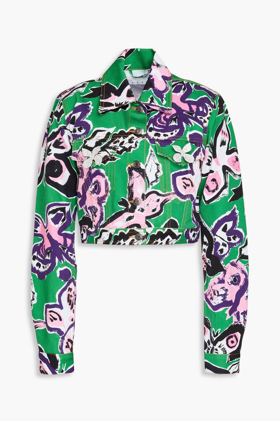 Area Cropped Crystal-embellished Floral-print Denim Jacket In Green