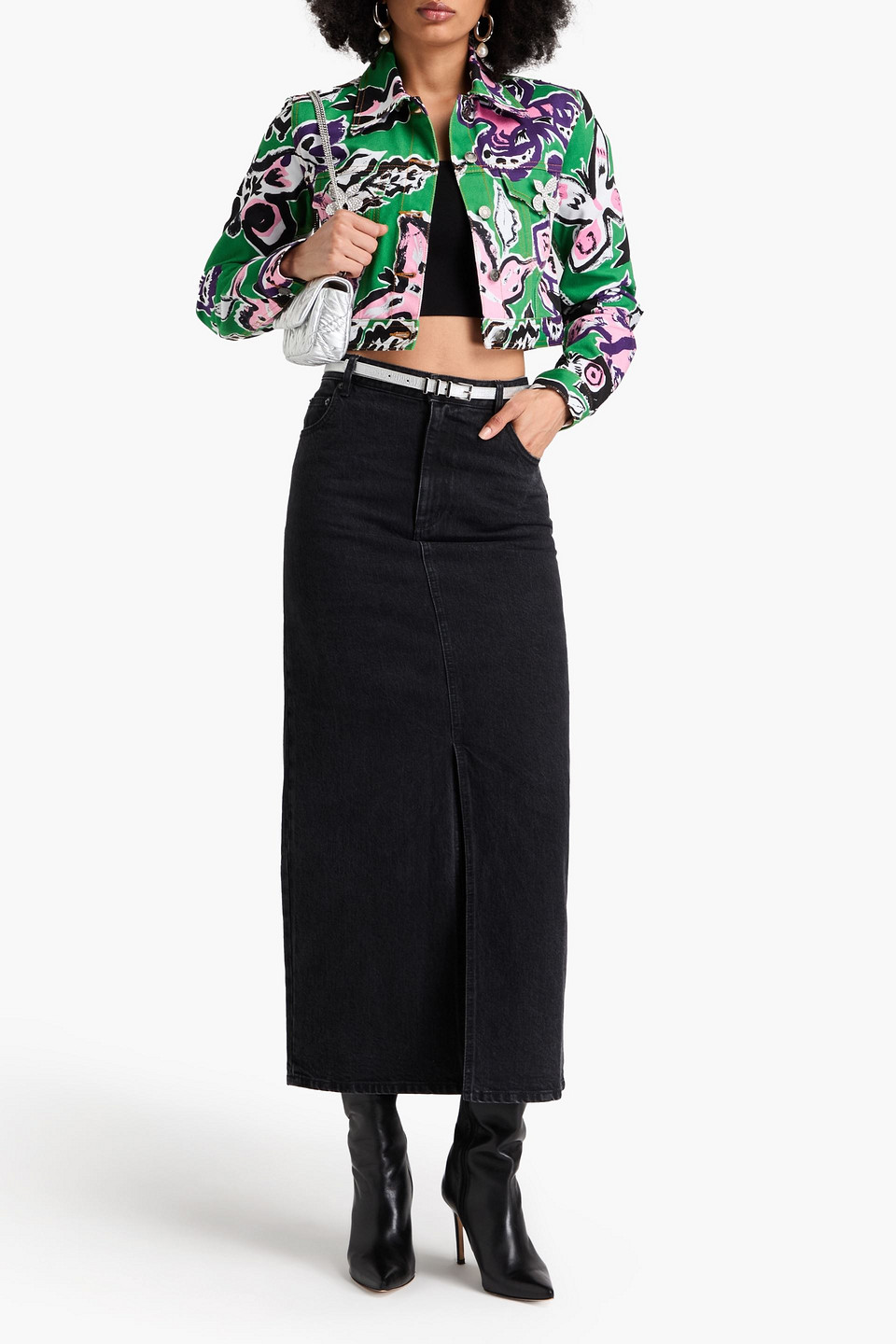 AREA CROPPED CRYSTAL-EMBELLISHED FLORAL-PRINT DENIM JACKET