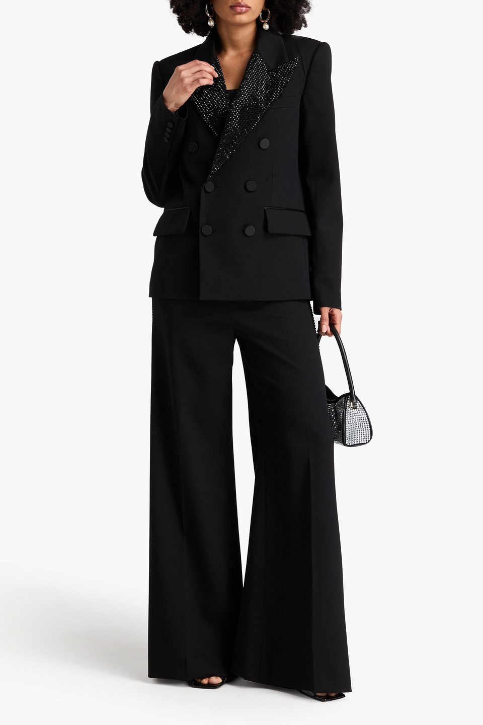AREA DOUBLE-BREASTED CRYSTAL-EMBELLISHED WOOL-BLEND TWILL BLAZER