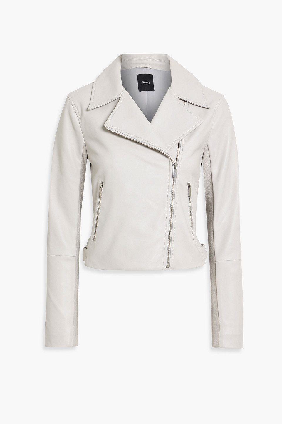 Theory Knit-paneled Leather Biker Jacket In Light Gray