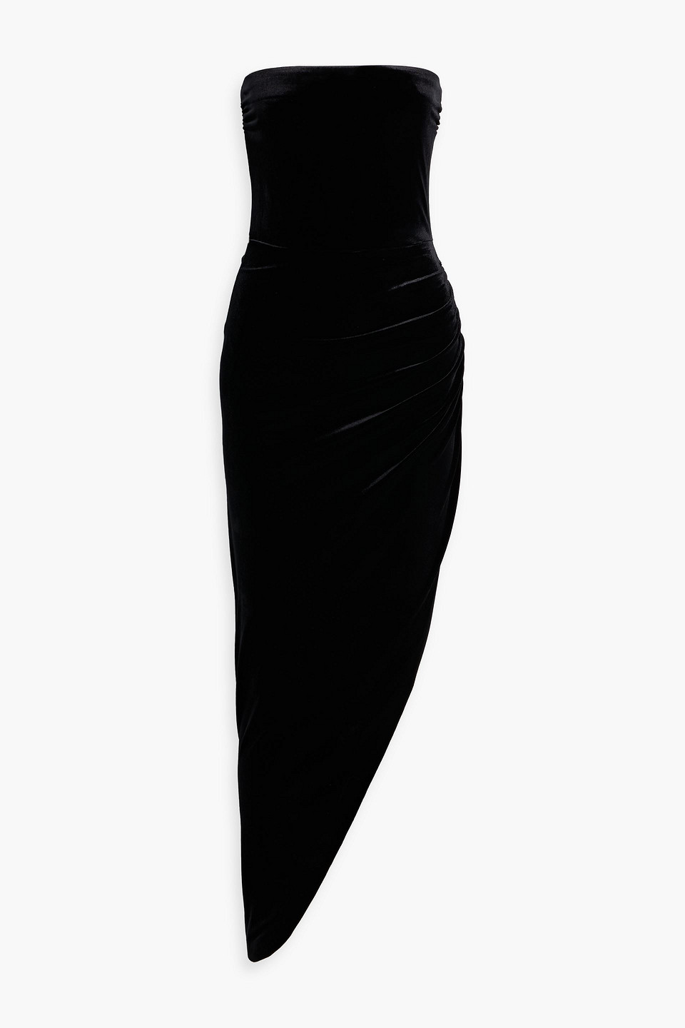 Strapless asymmetric velvet dress
