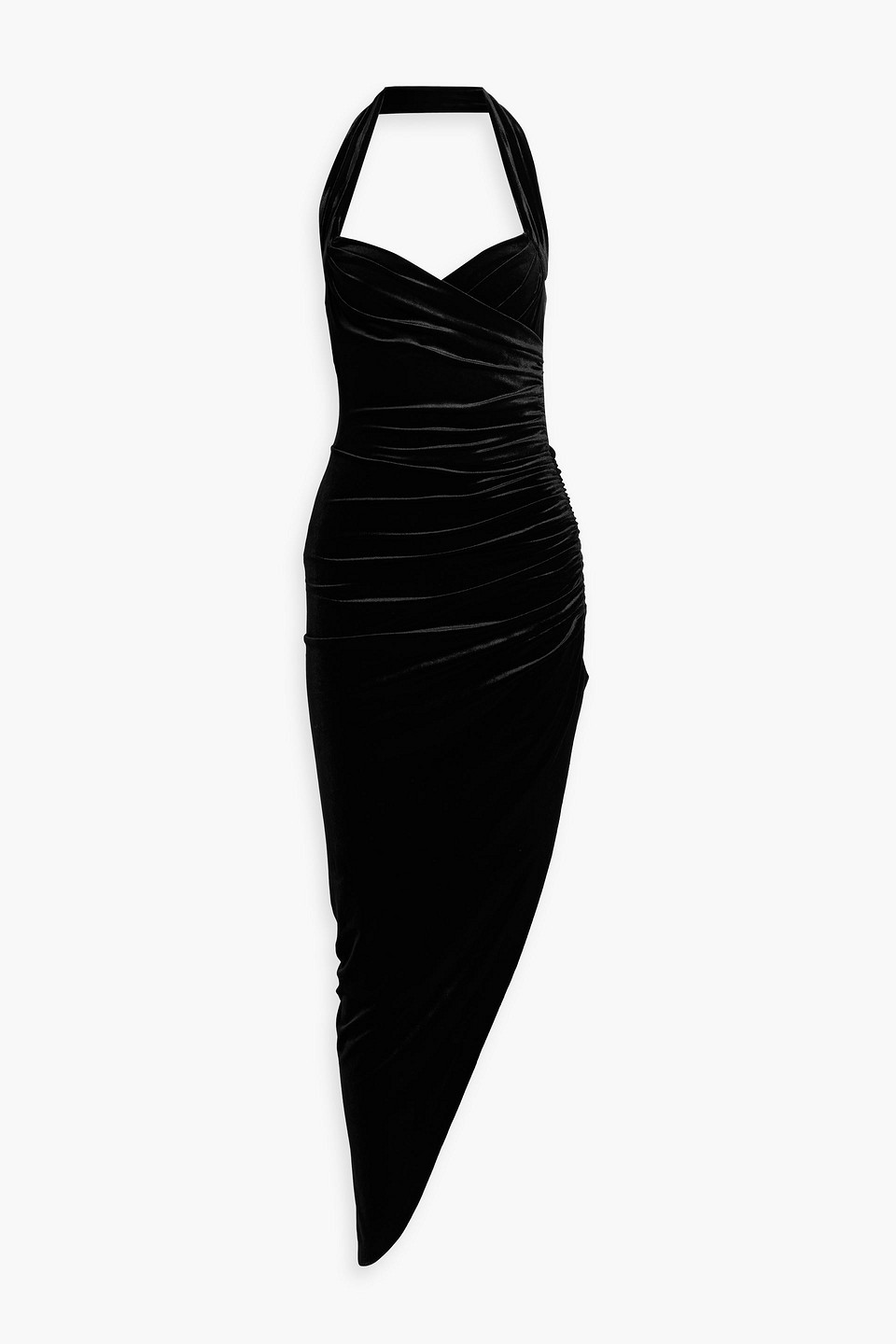 Asymmetric ruched velvet gown