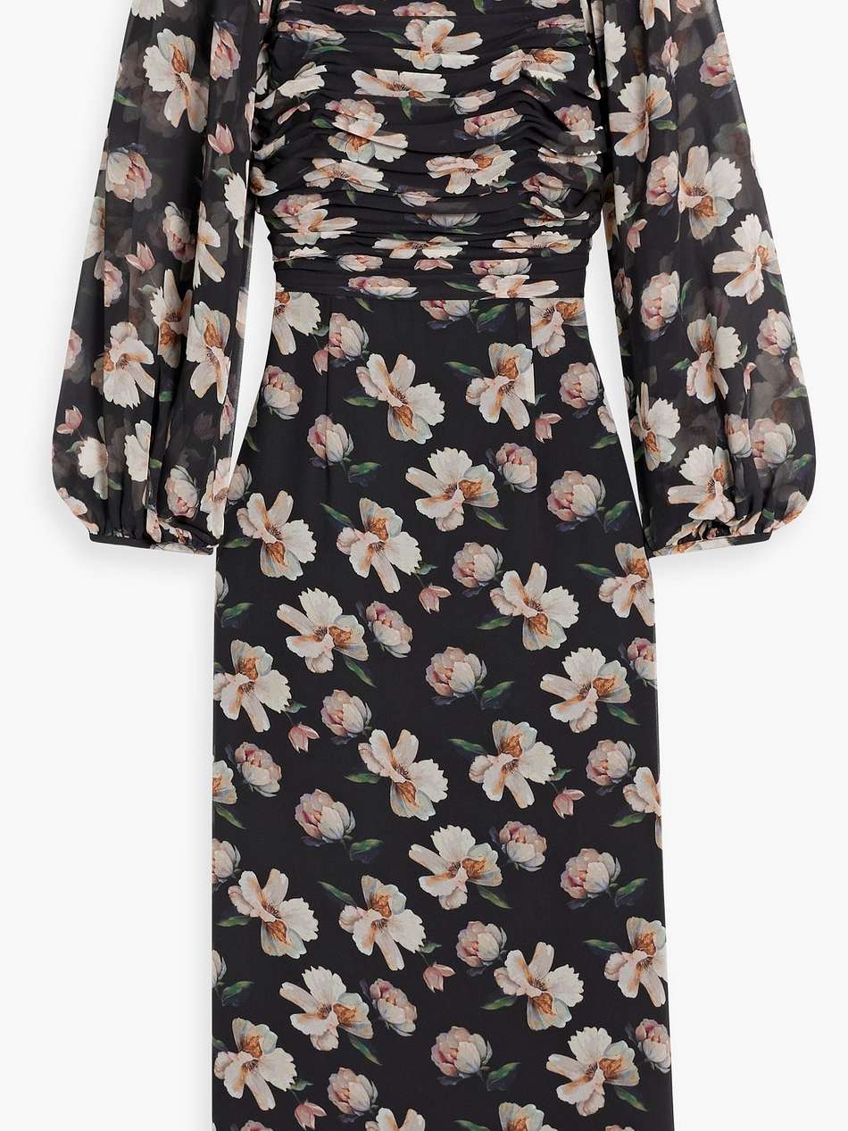ruched floral-print chiffon midi dress