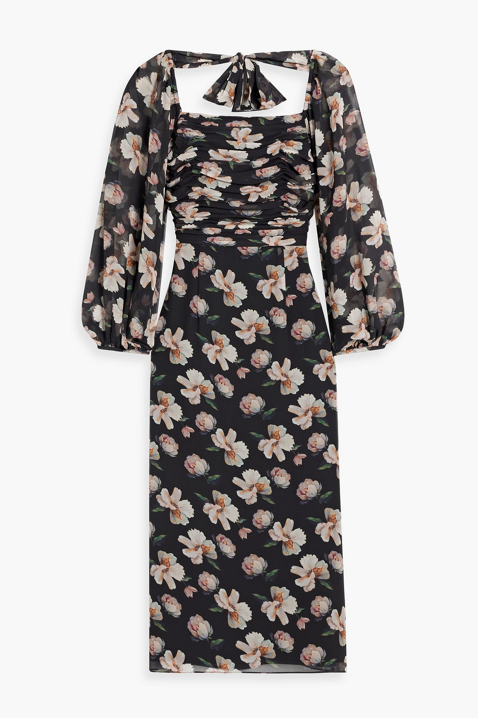 Mikael Aghal Ruched Floral-print Chiffon Midi Dress In Black