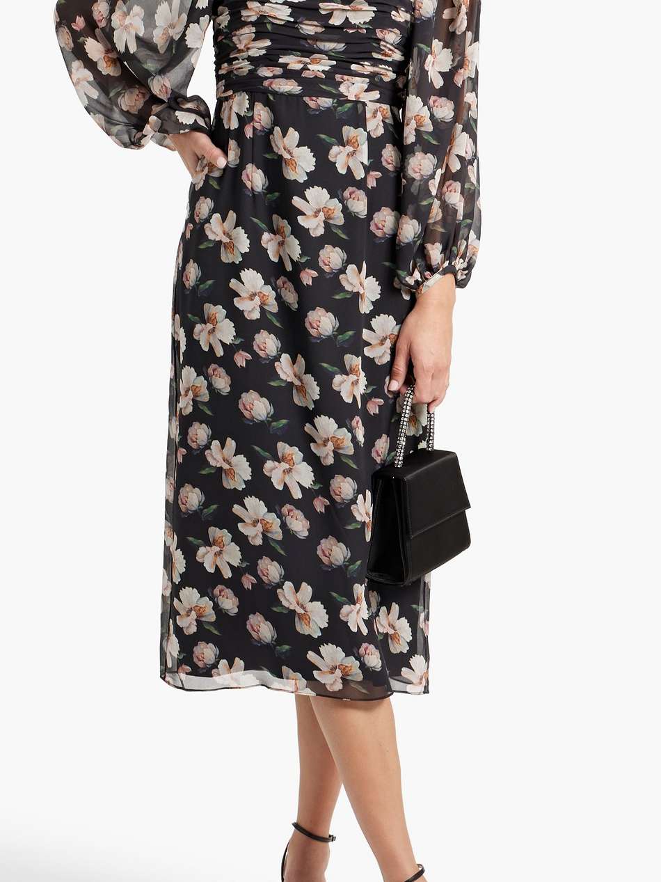 ruched floral-print chiffon midi dress