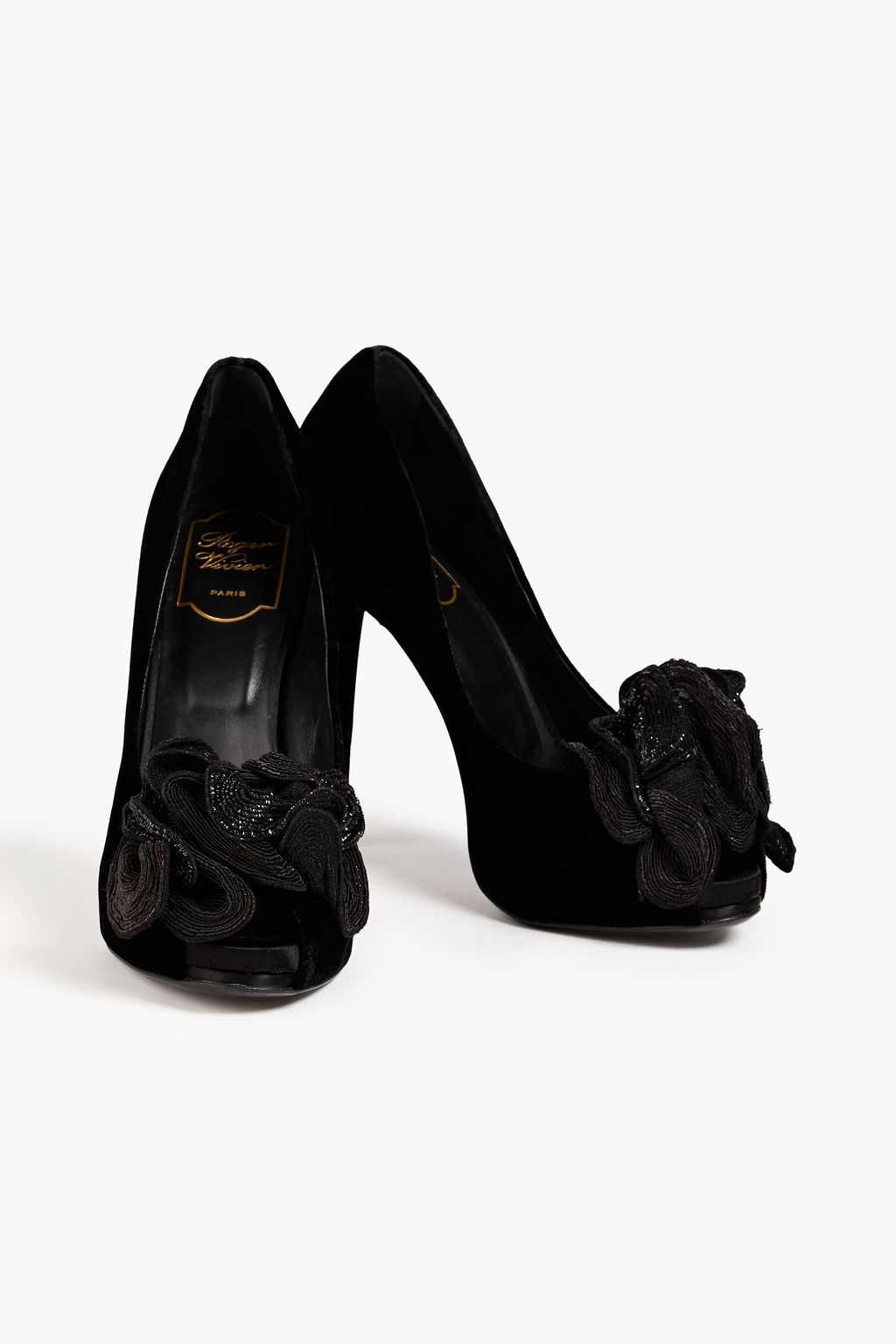 ROGER VIVIER حذاء بامب بنعل سميك من المخمل مُزيّن بزخارف الأزهار