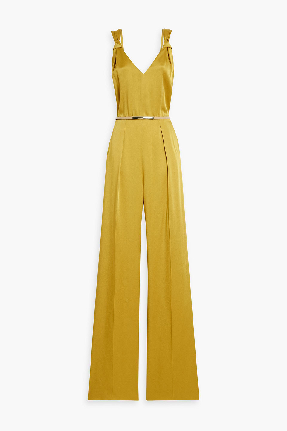 Max Mara Pleated Satin-crepe Wide-leg Jumpsuit In Mustard