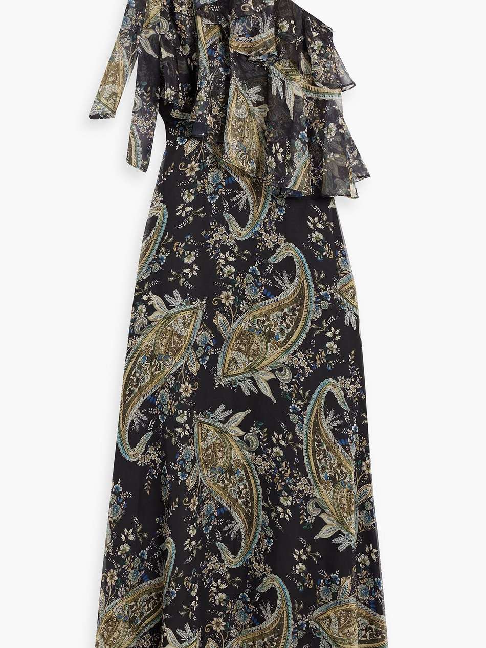 one-shoulder ruffled printed chiffon maxi dress