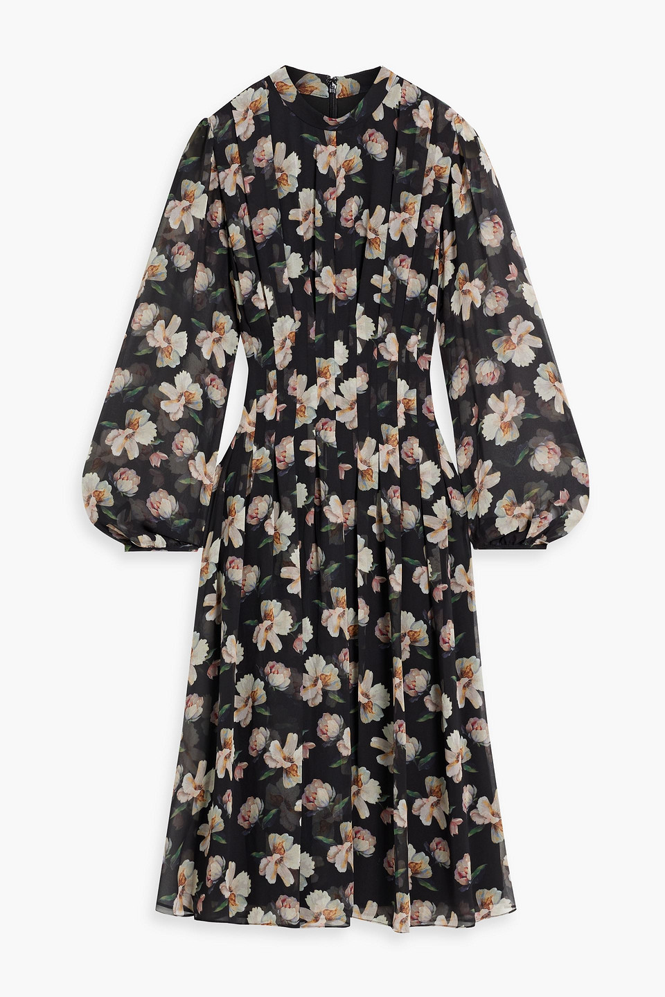 Pleated floral-print chiffon midi dress