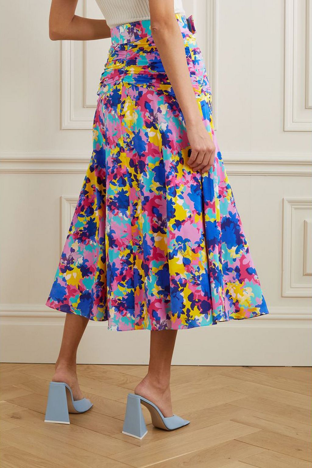 REBECCA VALLANCE Fioritura belted ruched printed silk-satin midi skirt