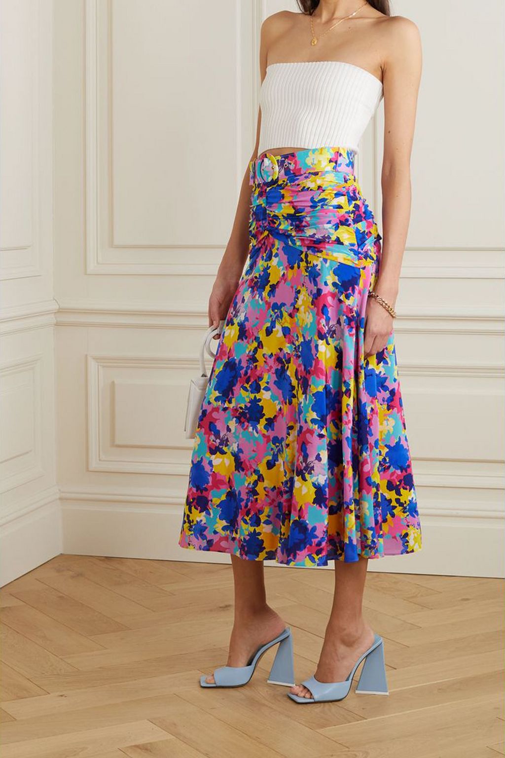 REBECCA VALLANCE Fioritura belted ruched printed silk-satin midi skirt