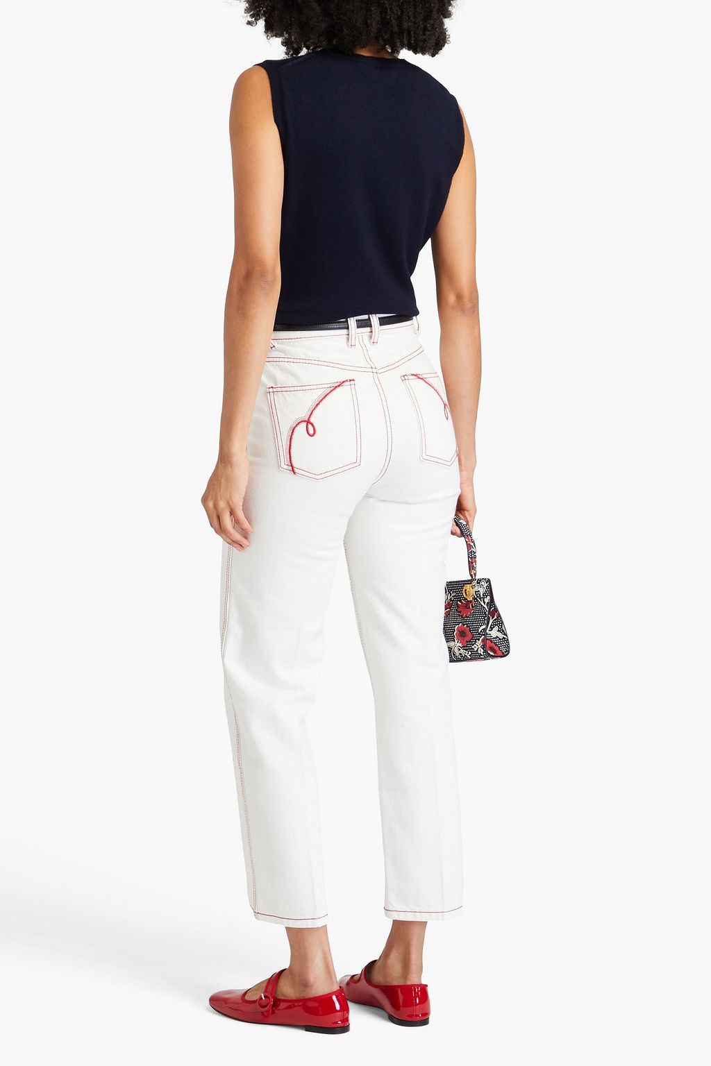 TORY BURCH بنطال جينز بأرجل مستقيمة وخصر مرتفع بتصميم مطرّز