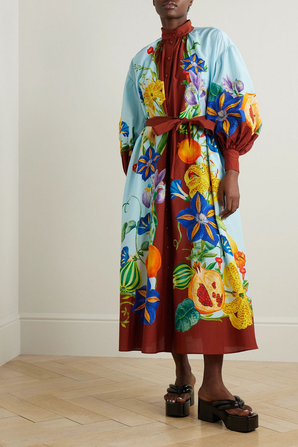  Alémais - Dahlia Midikleid Aus Einer Baumwoll-seidenmischung Mit Blumenprint Und Bindegürtel - Blau - Uk 8 