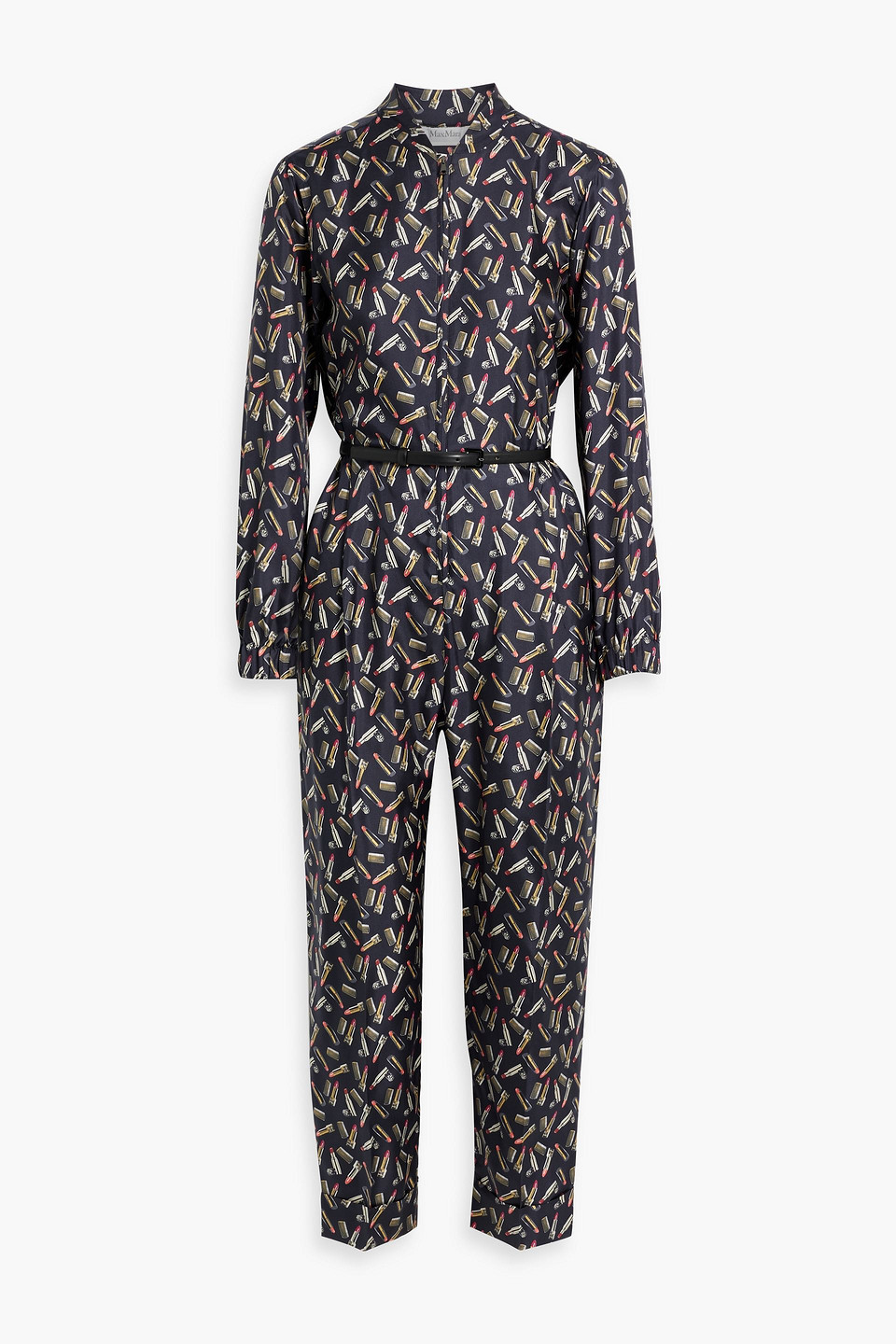 Max Mara Cropped Printed Silk-twill Jumpsuit In Navy