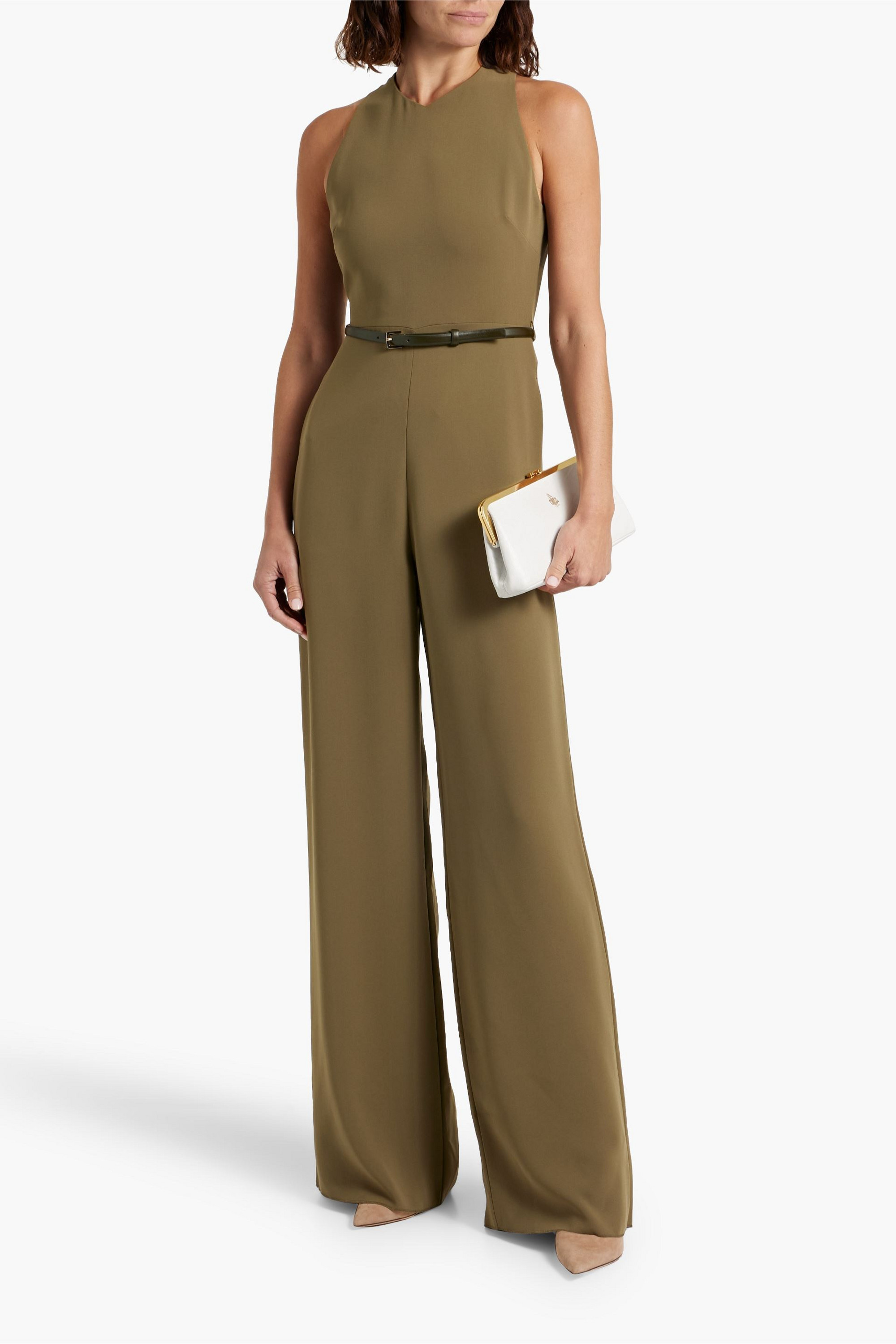 Max Mara Belted cutout crepe wide-leg jumpsuit