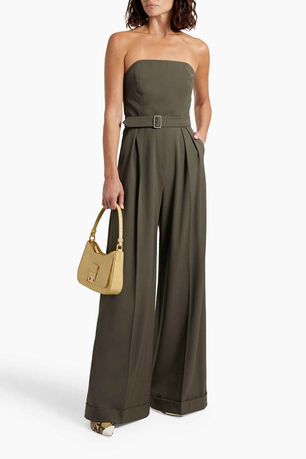 MAX MARA Strapless pleated wool-blend twill wide-leg jumpsuit