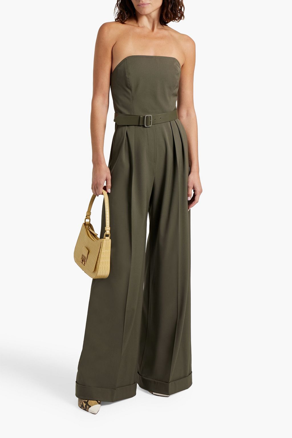 MAX MARA Strapless pleated wool-blend twill wide-leg jumpsuit