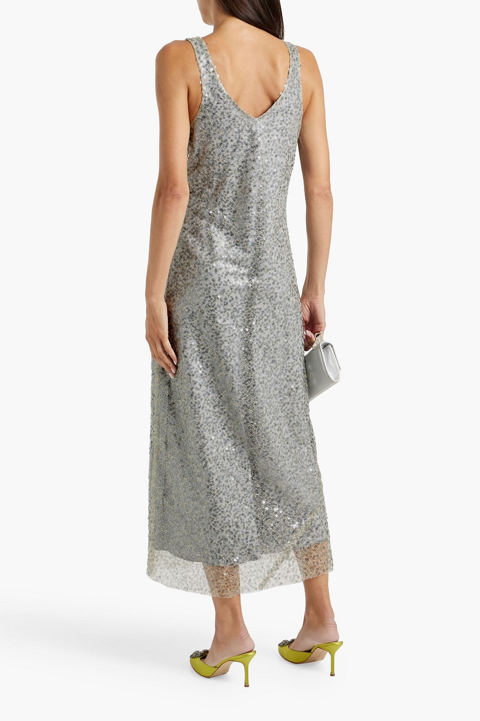 Vince Lucite Metallic Sequin Midi Slip Dress In Silver
