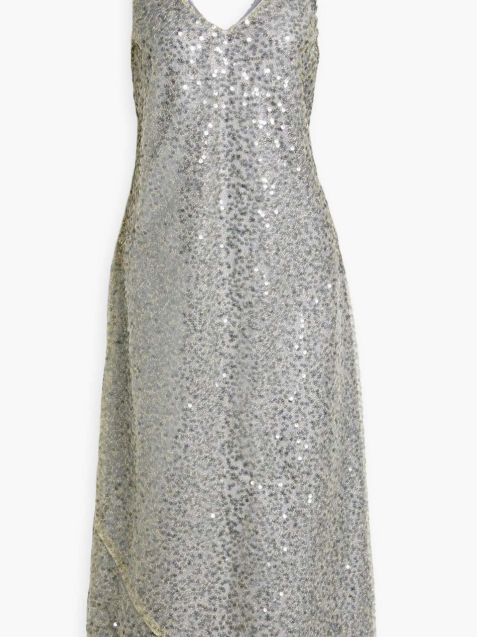 sequined metallic lace midi dress