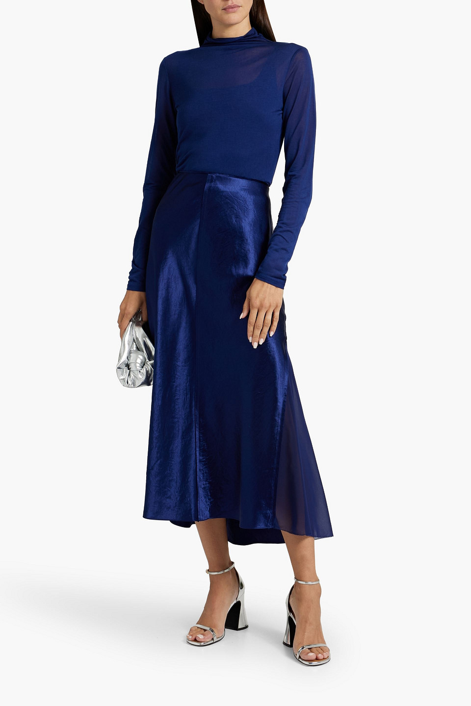 Vince Chiffon And Crinkled-satin Midi Skirt In Indigo