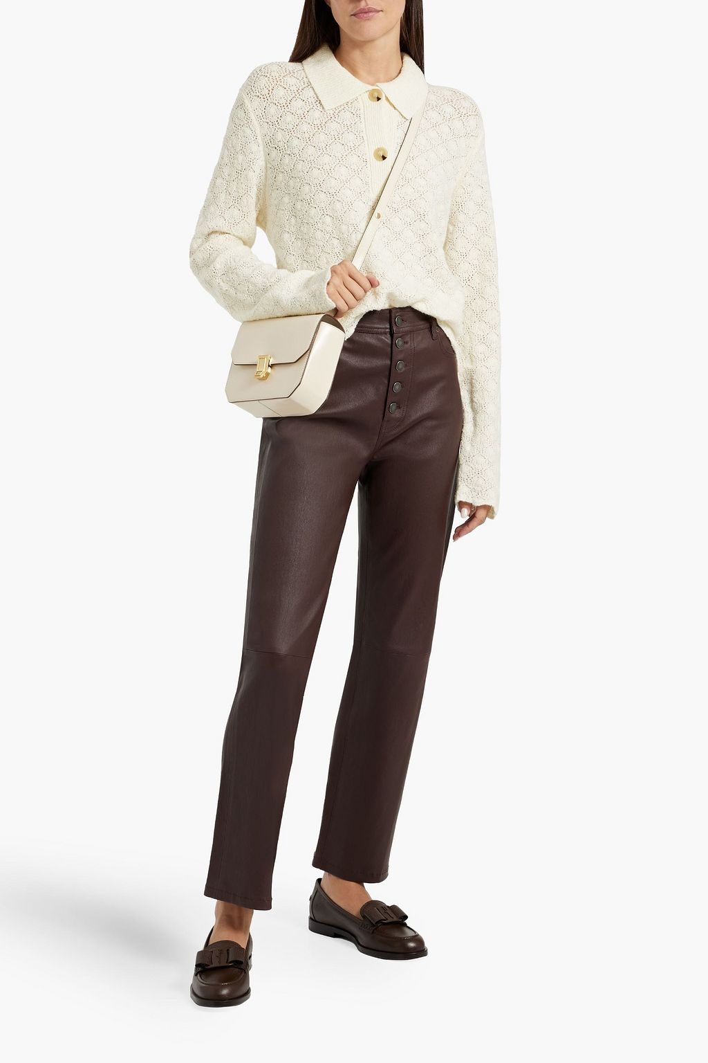 VINCE. Pointelle-knit wool-blend polo sweater