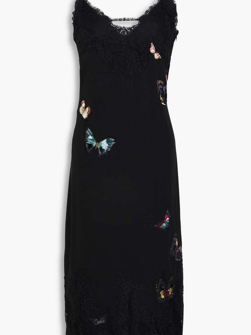 lace-trimmed embroidered silk crepe de chine midi dress