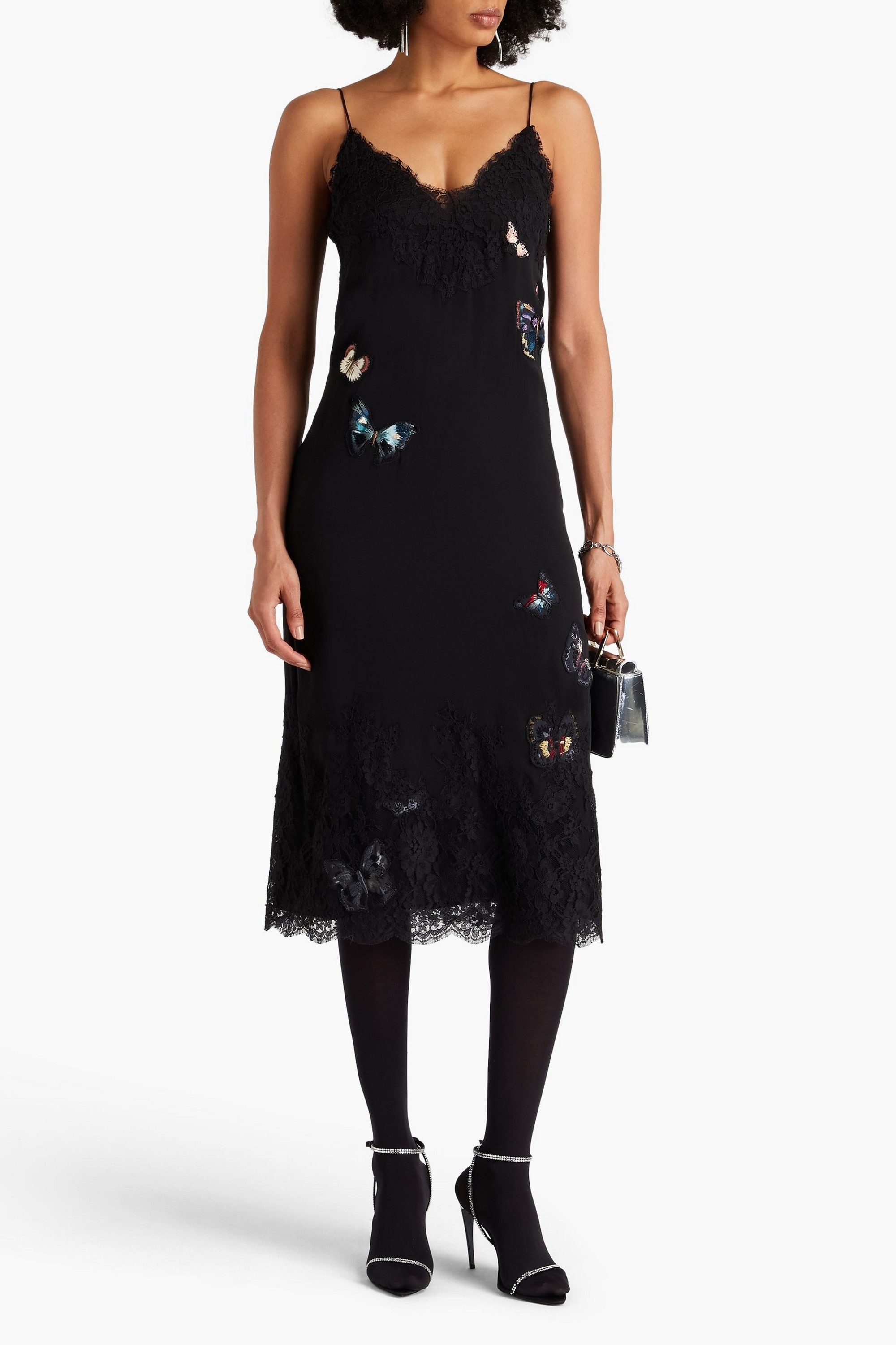 Valentino Garavani Lace-trimmed embroidered silk crepe de chine midi dress
