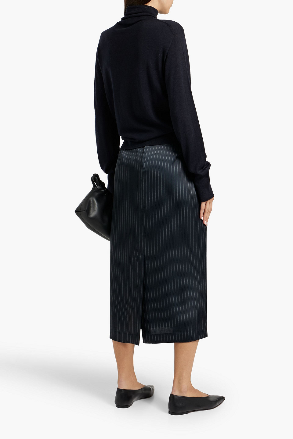 Vince Pinstriped Satin Midi Skirt In Midnight Blue