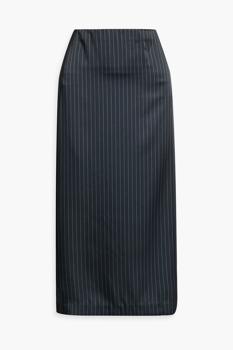 Vince Pinstriped Satin Midi Skirt In Midnight Blue