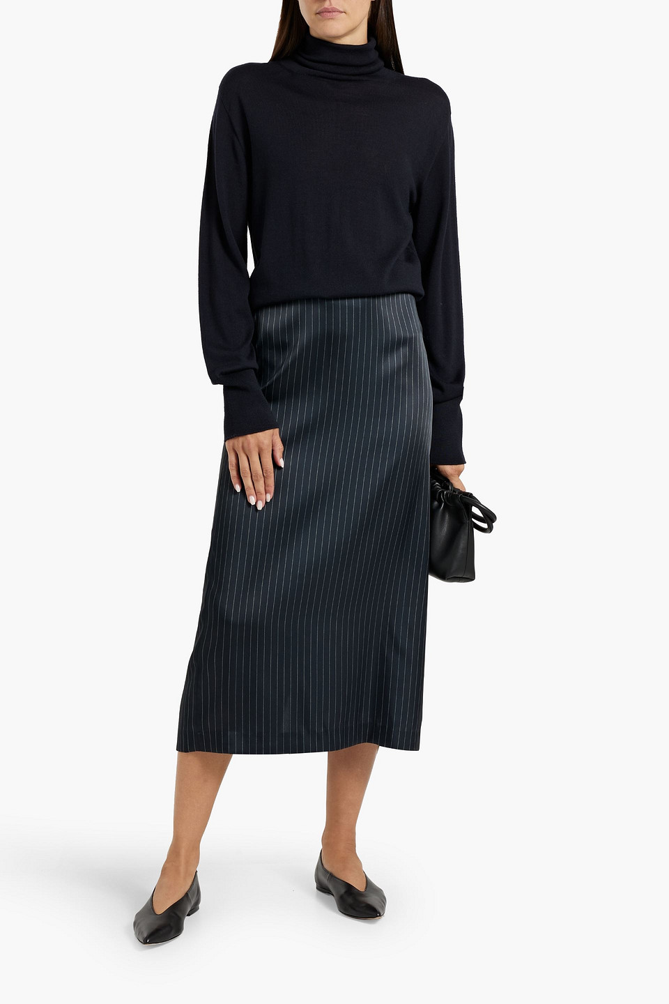 Vince Pinstriped Satin Midi Skirt In Midnight Blue