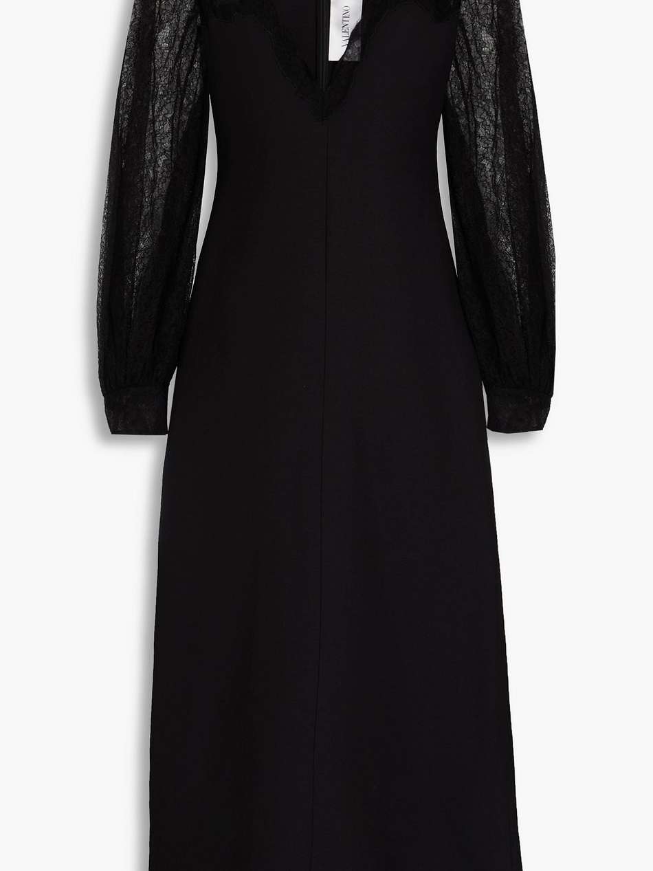 lace-paneled wool and silk-blend crepe midi dress