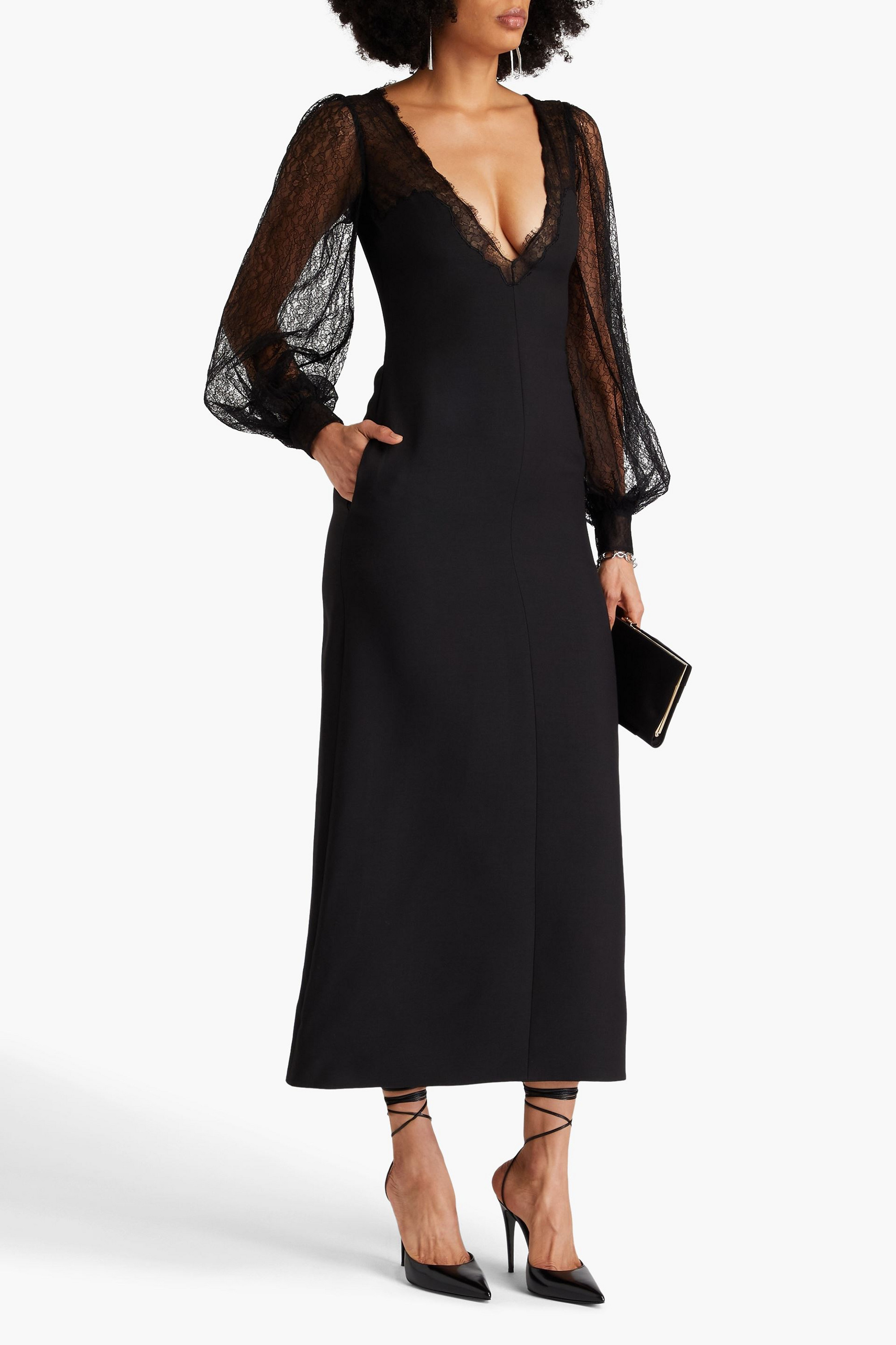 Valentino Garavani Lace-paneled wool and silk-blend crepe midi dress
