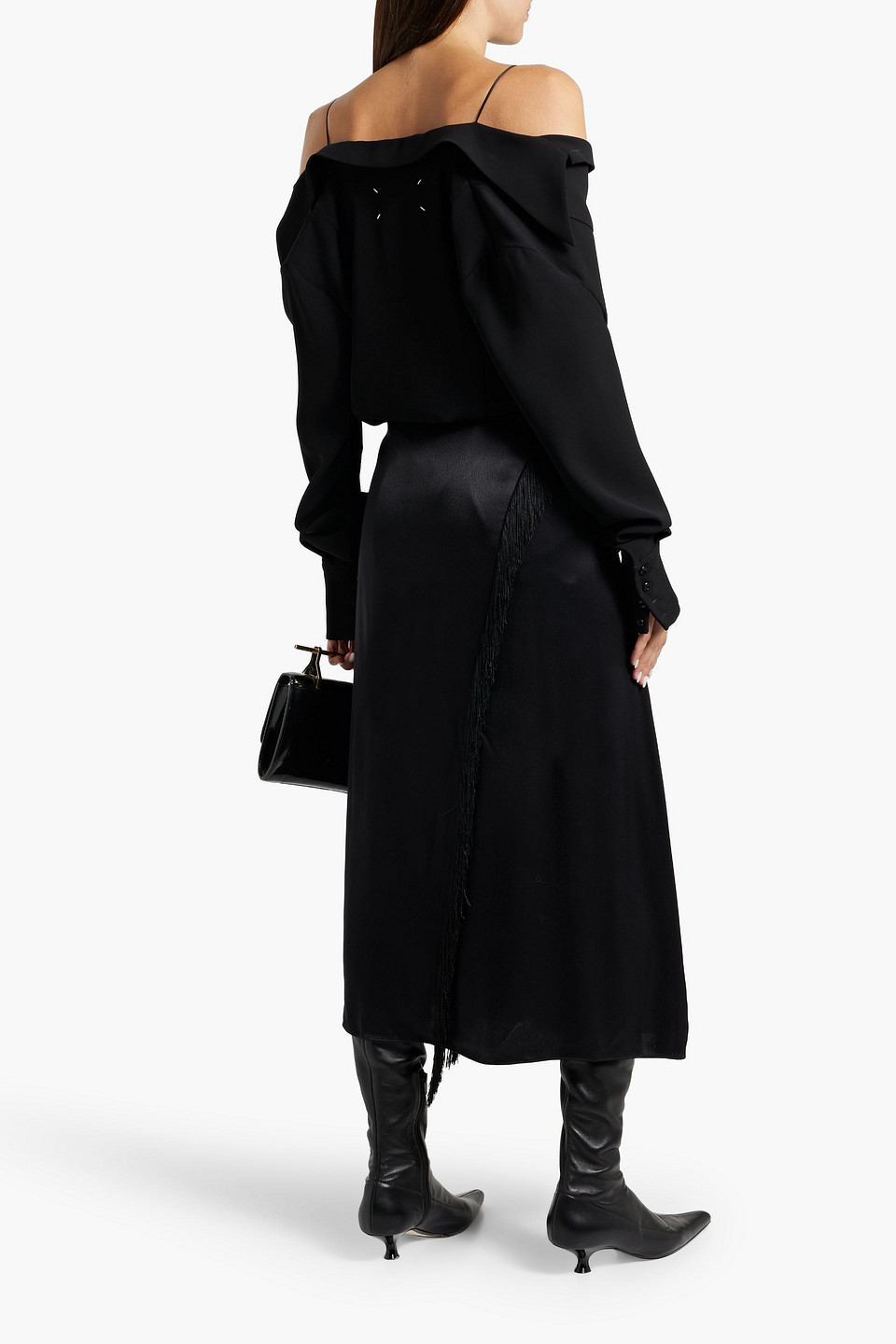 Vince Fringed Satin Midi Skirt In Black