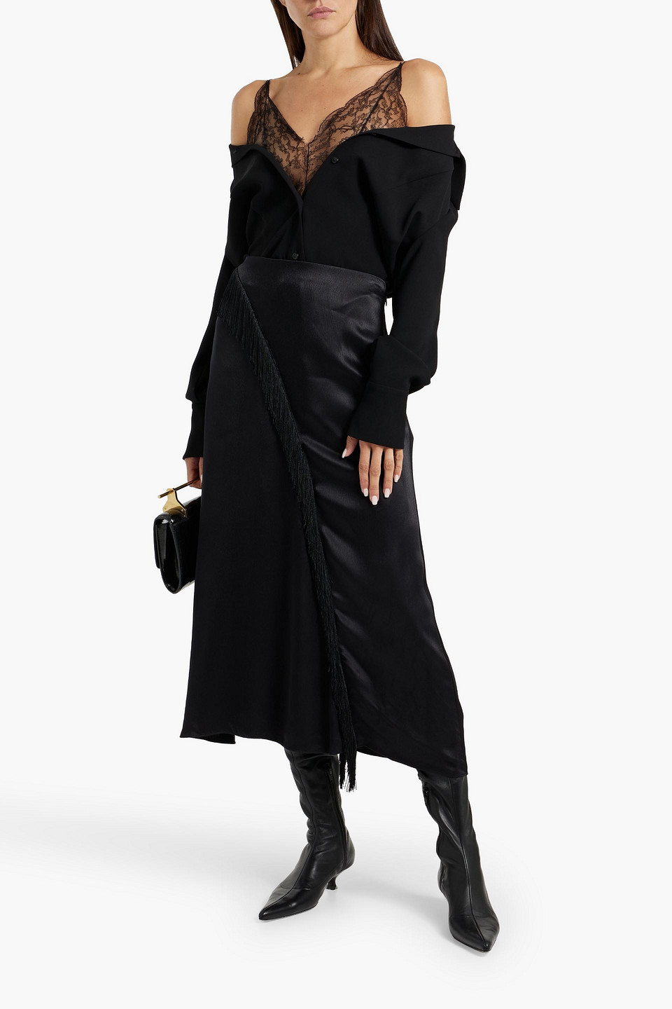 Vince Fringed Satin Midi Skirt In Black