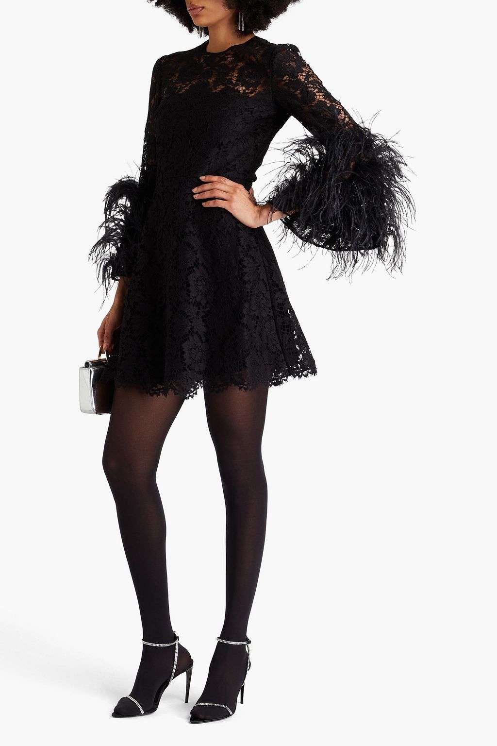VALENTINO GARAVANI Minikleid aus schnurgebundener Spitze aus einer Baumwollmischung mit Federn