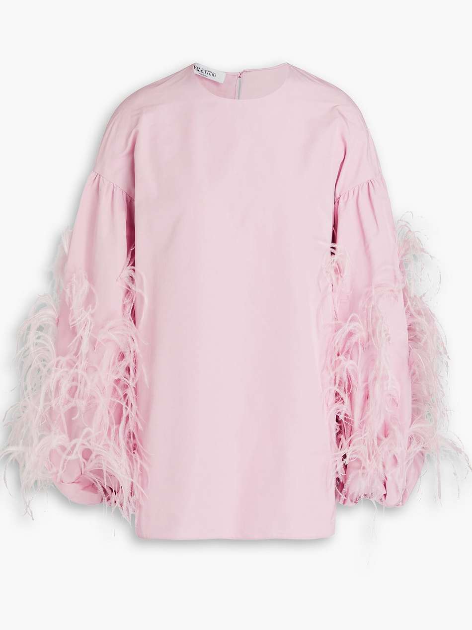 feather-trimmed cotton-blend taffeta blouse