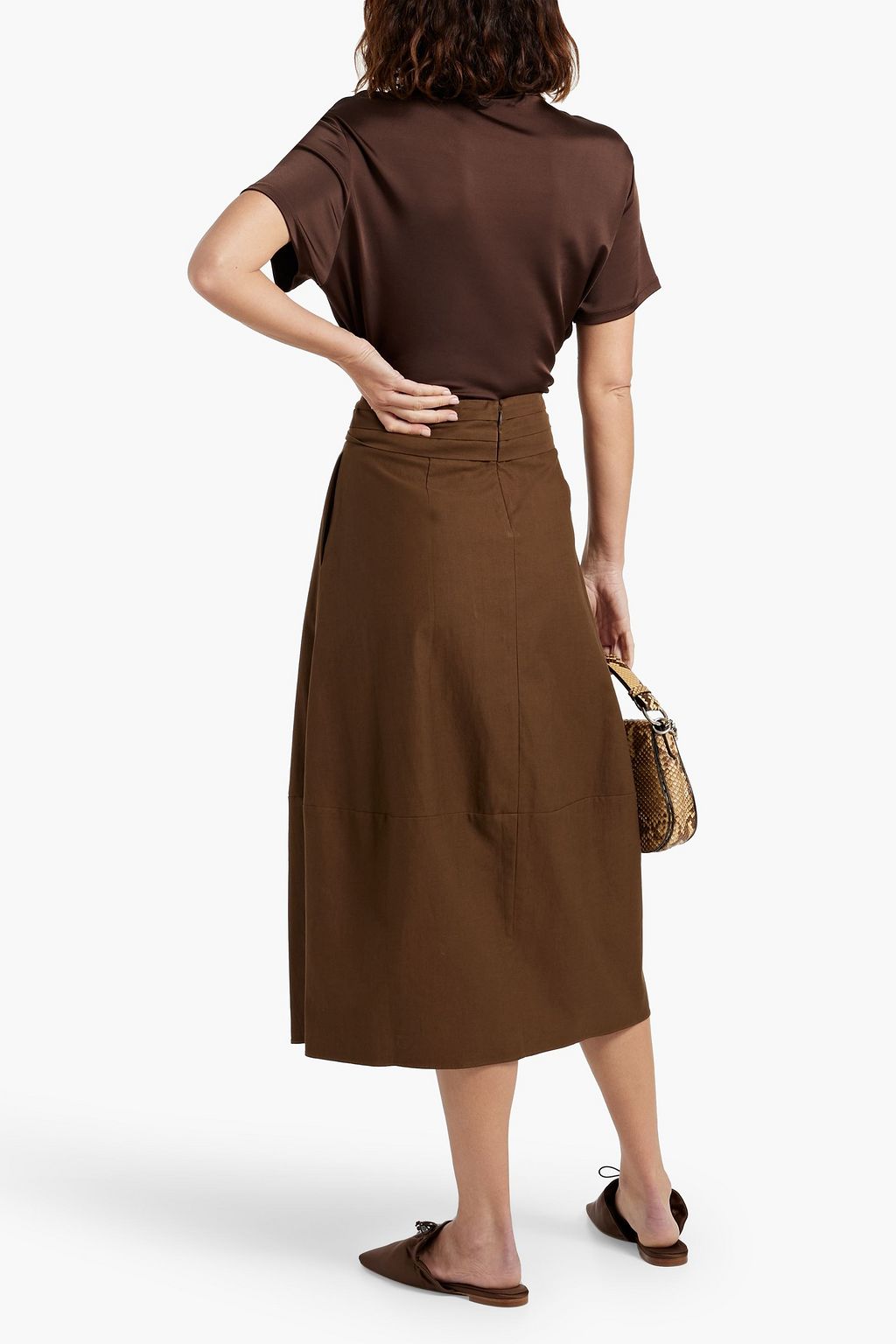 VINCE. Belted pleated cotton and wool-blend twill midi skirt