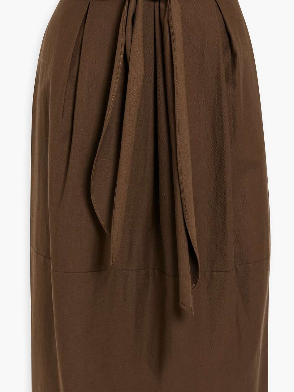 belted pleated cotton and wool-blend twill midi skirt