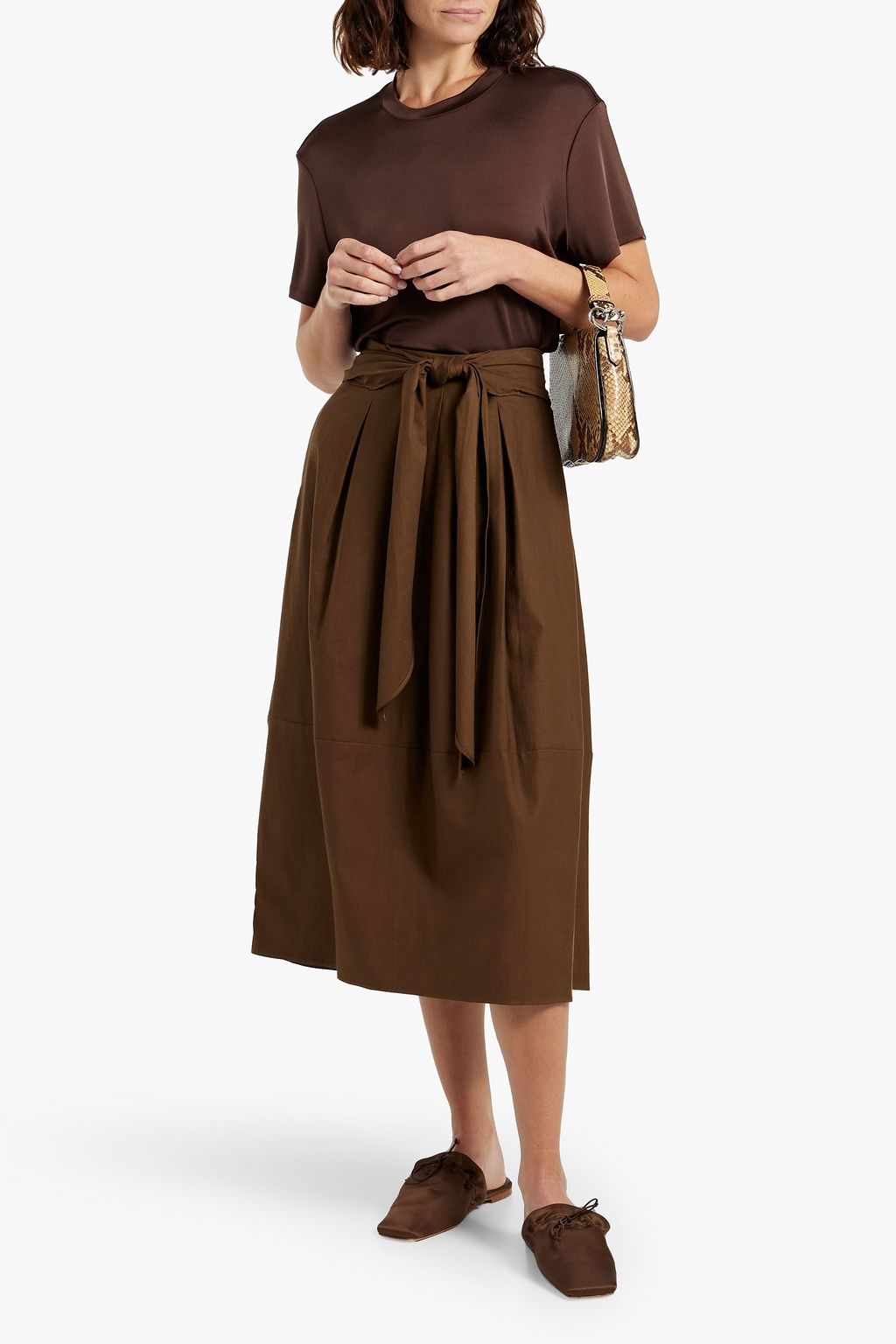 VINCE. Belted pleated cotton and wool blend twill midi skirt THE OUTNET