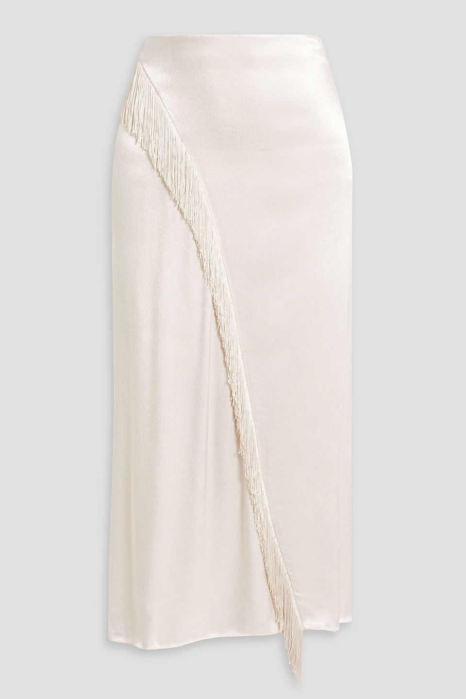 Vince Fringed Satin Midi Skirt In Ecru