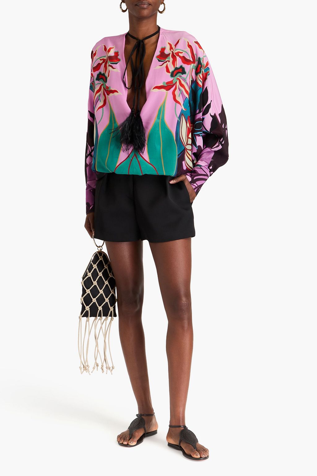 VALENTINO GARAVANI Feather-trimmed printed silk crepe de chine blouse