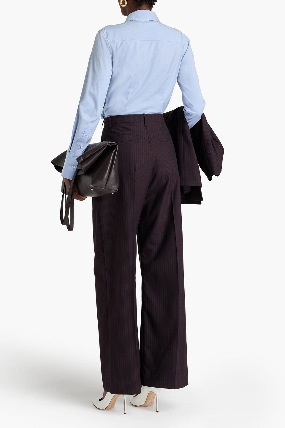 Victoria Beckham Pleated Pinstriped Twill Wide-leg Pants In Dark Brown