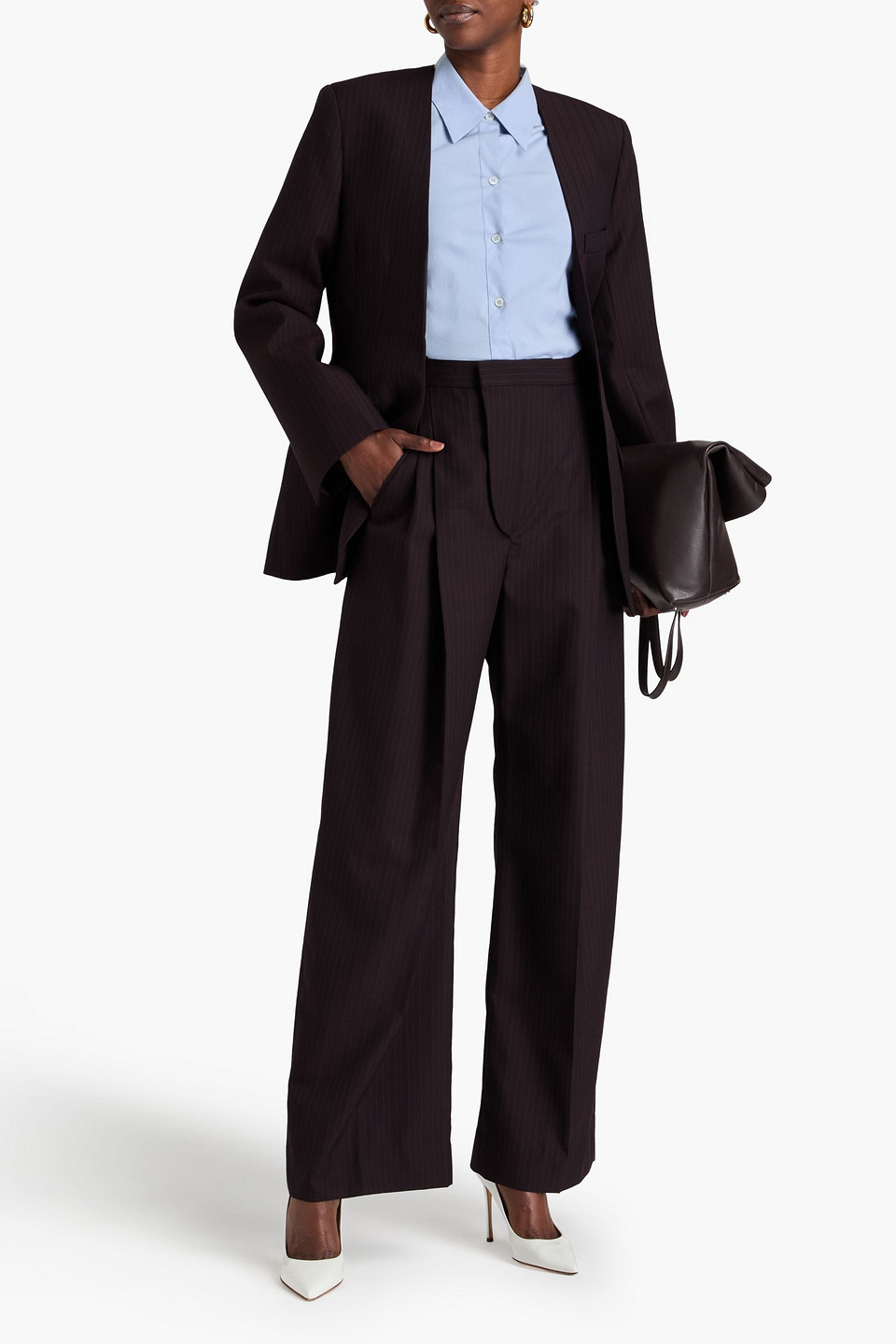 Victoria Beckham Pleated Pinstriped Twill Wide-leg Pants In Dark Brown