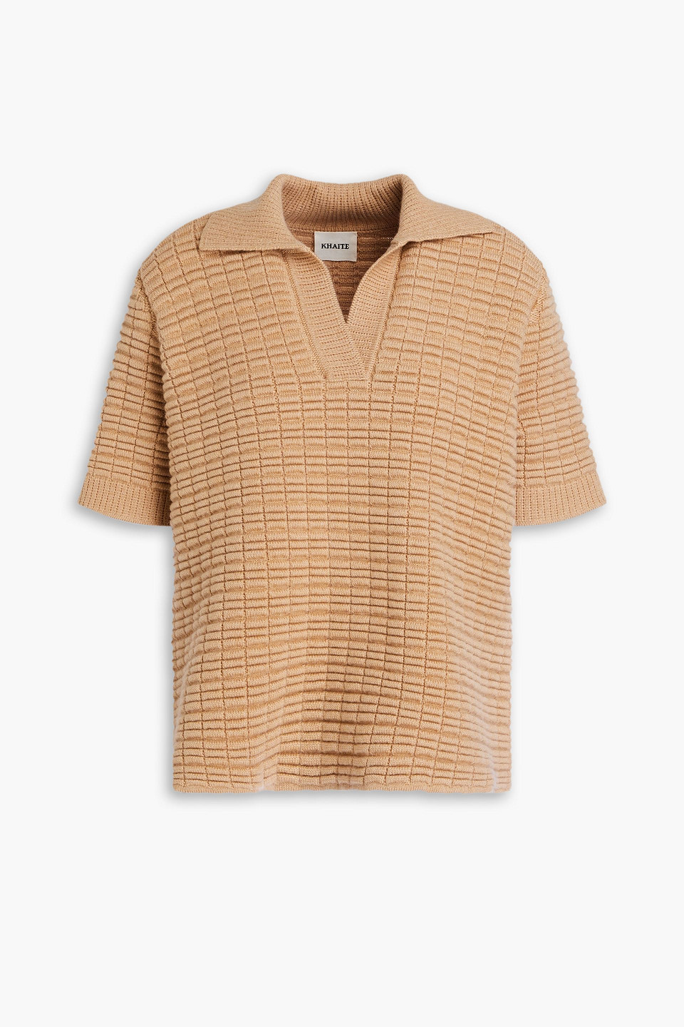 Shop Khaite Textured-knit Cashmere-blend Polo Shirt In Camel