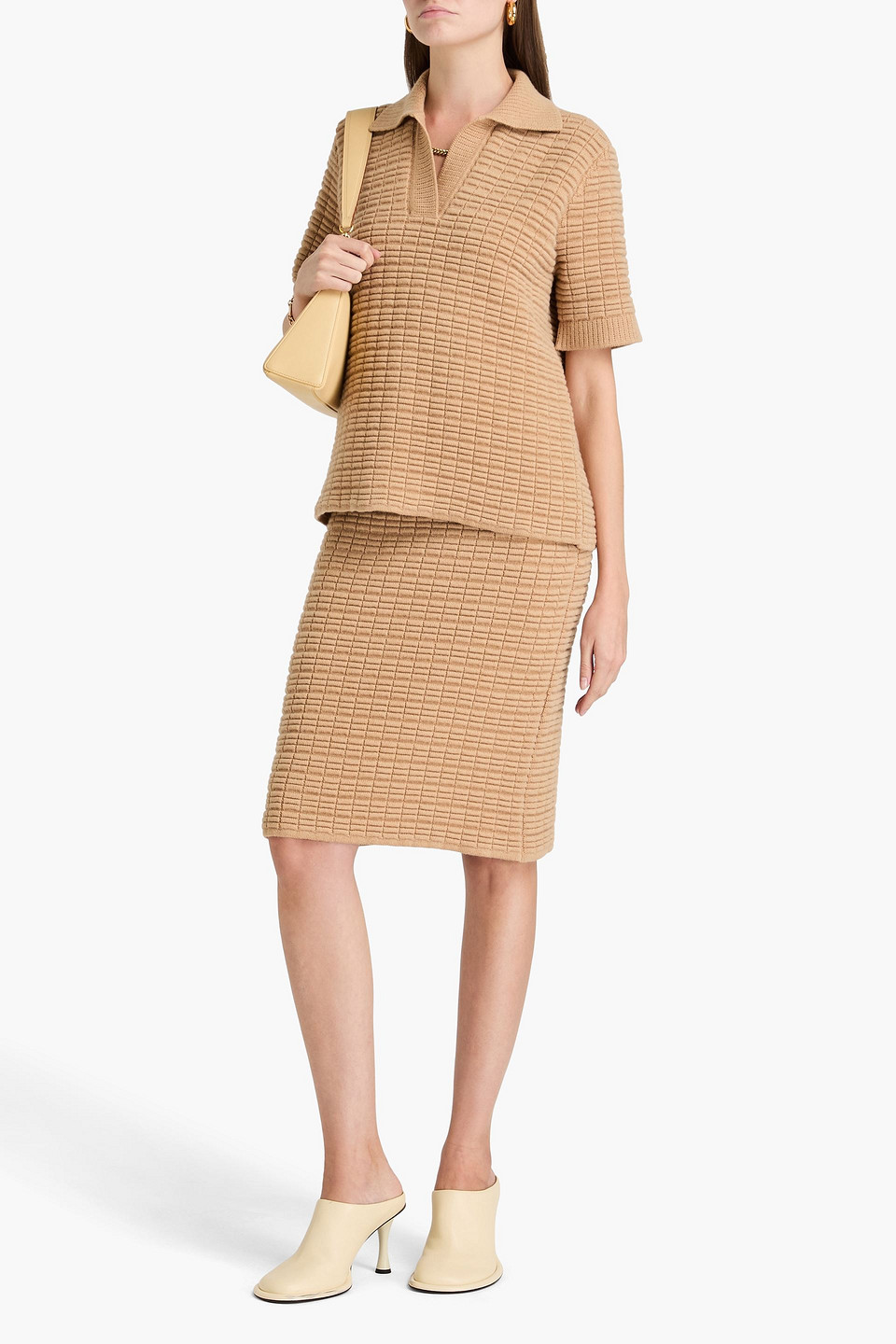 Shop Khaite Textured-knit Cashmere-blend Polo Shirt In Camel