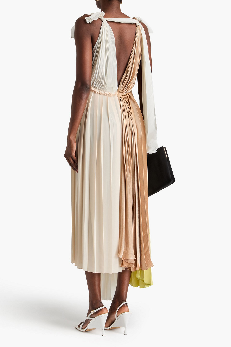 Victoria Beckham Color-block Pleated Crepe, Crepon And Satin Midi Dress In Ivory