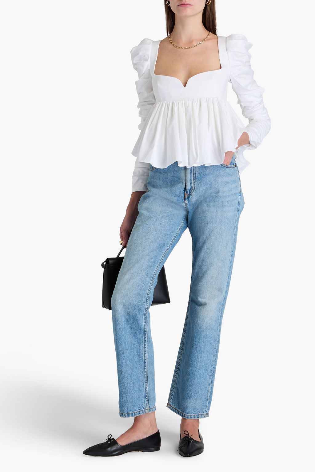 KHAITE Gathered cotton-poplin peplum top